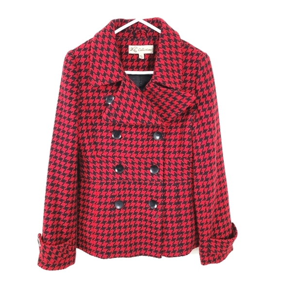 KC Collection Jackets & Blazers - KC Collection | Wool Blend Houndstooth Pea Coat Red Black Small